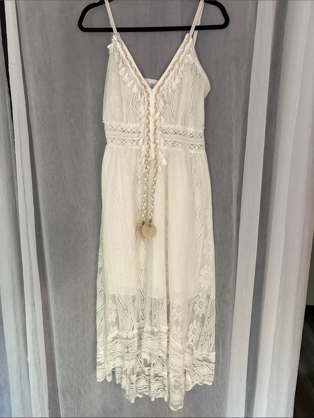 Lace-Trim Midi Dress with Pom-Tie Detail